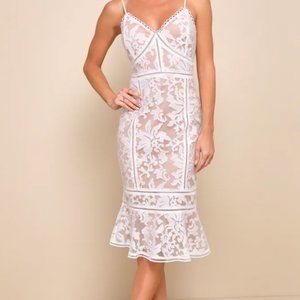 Alluring Love White and Beige Lace Trumpet Hem Midi Dress